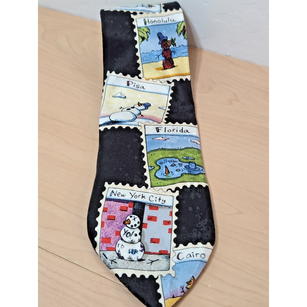 American Greetings Snowmen Around the World Christmas Stamps Silk Tie NY Florida